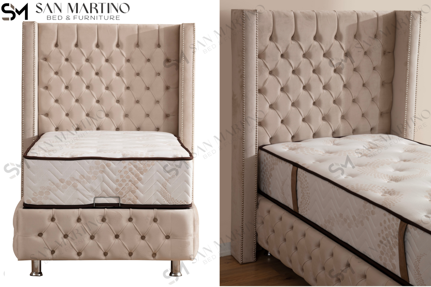 Lit Coffre Enfant CLOUTE BEIGE - Velours capitonné