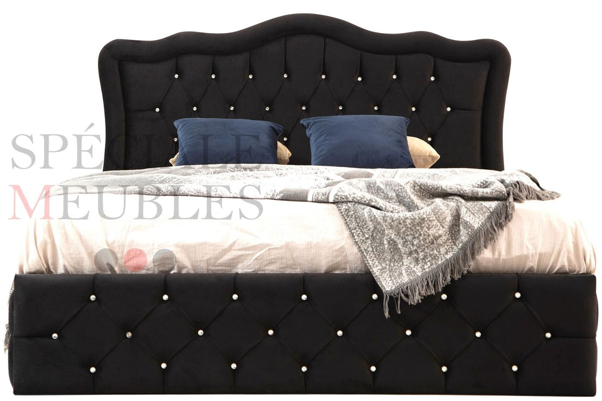 VENICE Black Bed Frame - Tufted velvet with rhinestones
