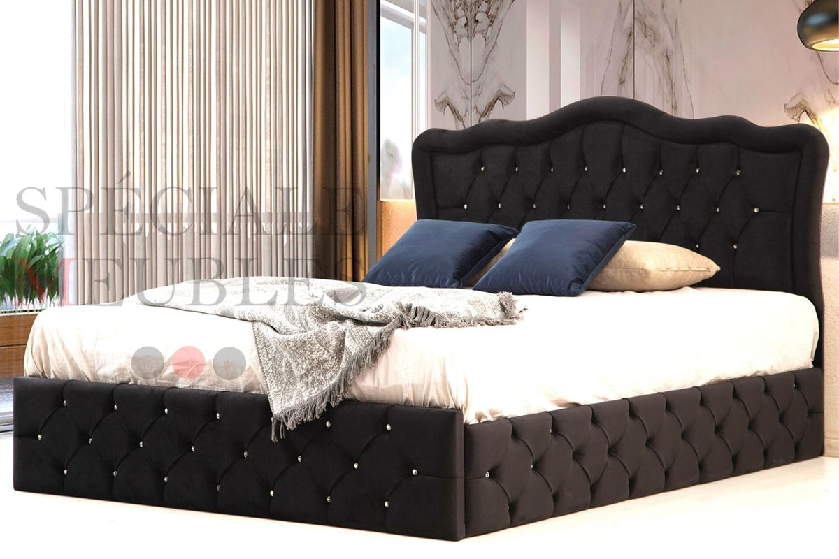 VENICE Black Bed Frame - Tufted velvet with rhinestones
