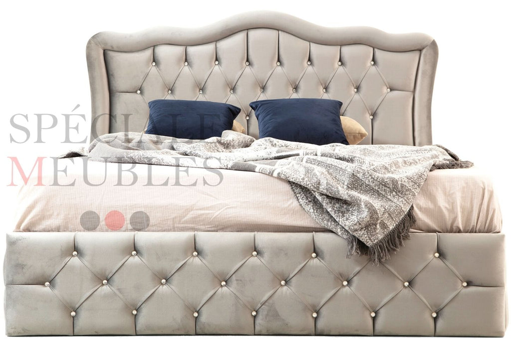 Cadre de lit VENISE GRIS - Velours capitonné strass