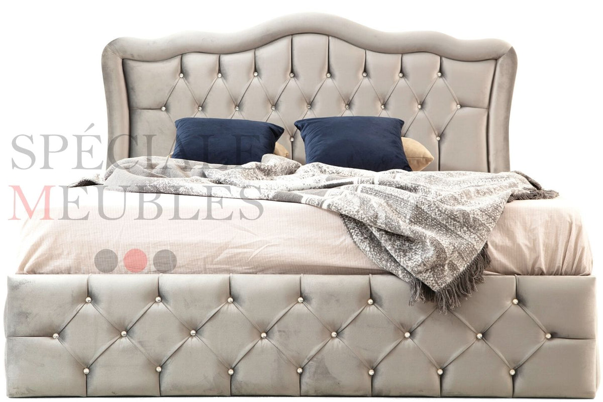 Cadre de lit VENISE GRIS - Velours capitonné strass