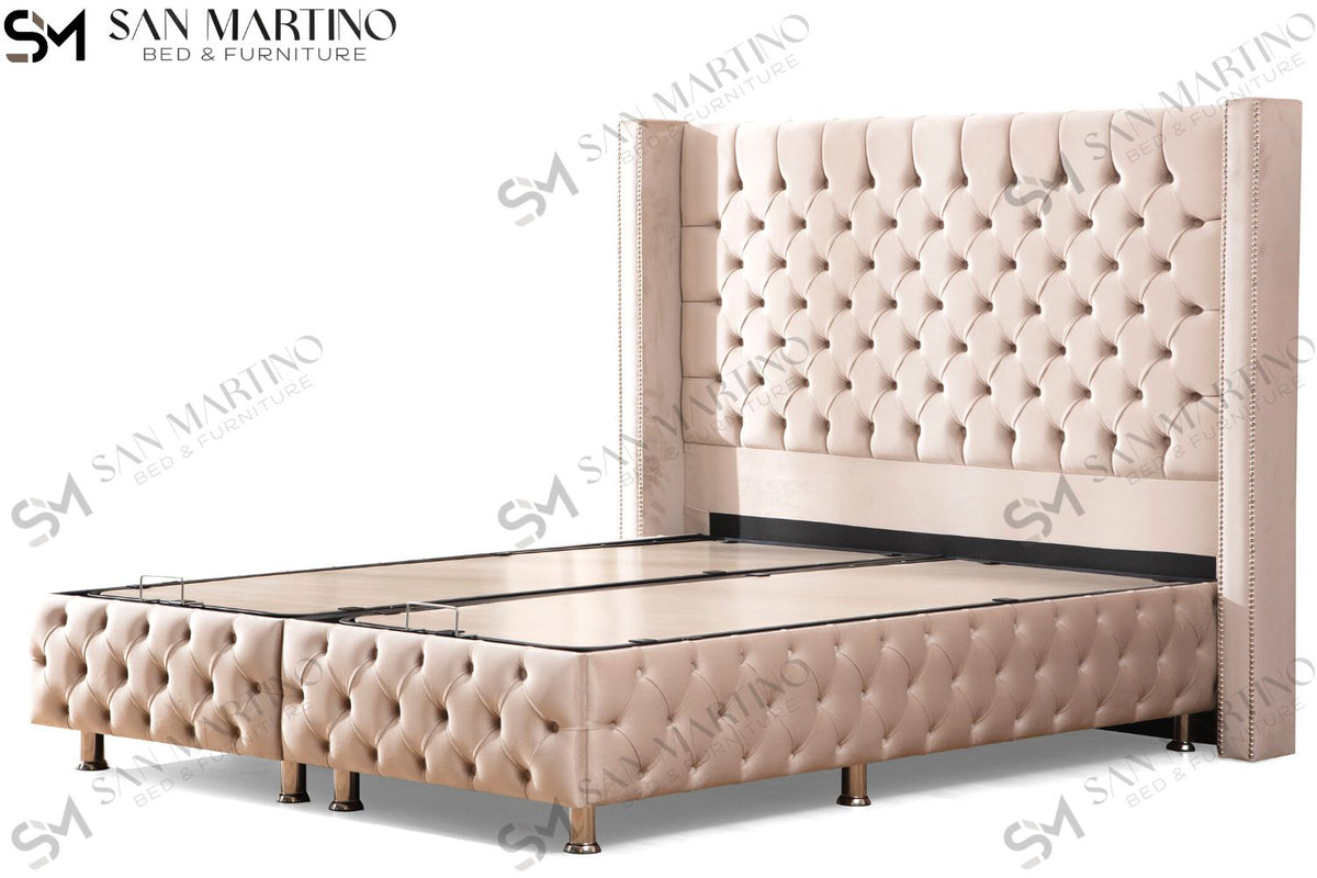 Lit Coffre CLOUTÉ BEIGE - Velours capitonné