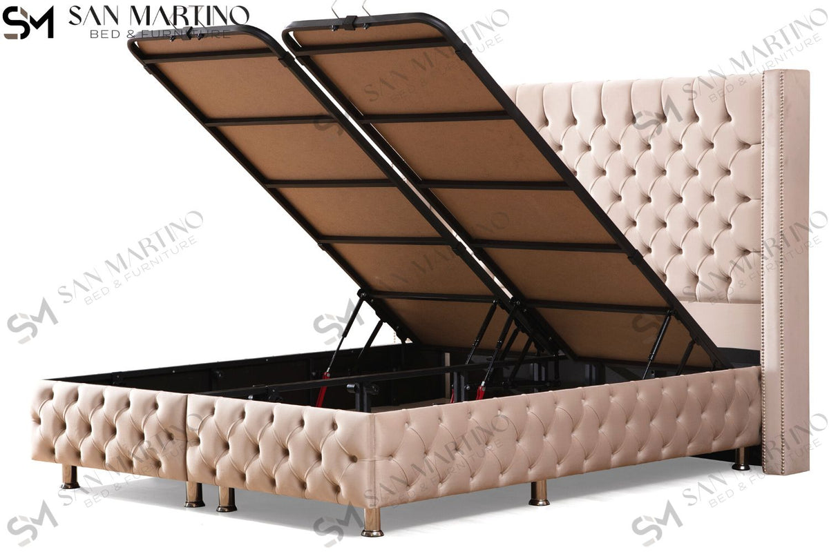 Lit Coffre CLOUTÉ BEIGE - Velours capitonné