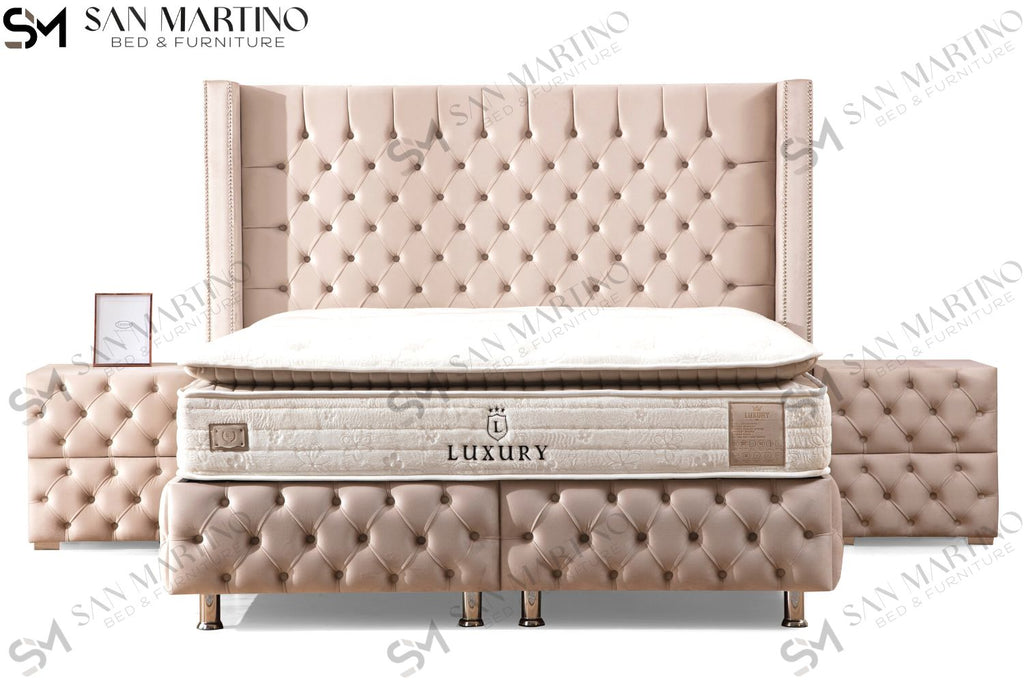 Lit Coffre CLOUTÉ BEIGE - Velours capitonné