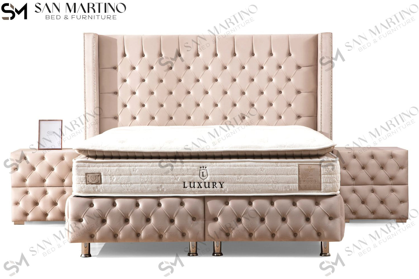 Lit Coffre CLOUTE BEIGE - Velours capitonné