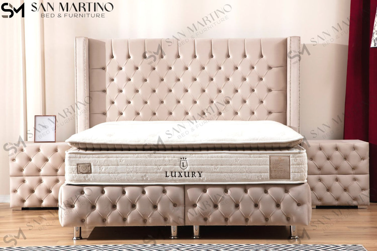 Lit Coffre CLOUTÉ BEIGE - Velours capitonné