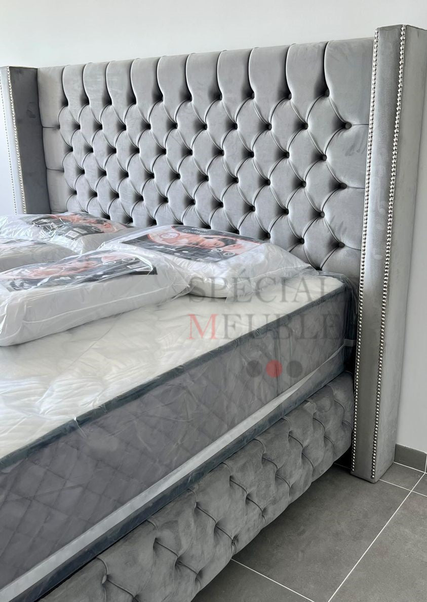 Lit Coffre CLOUTÉ GRIS - Velours capitonné