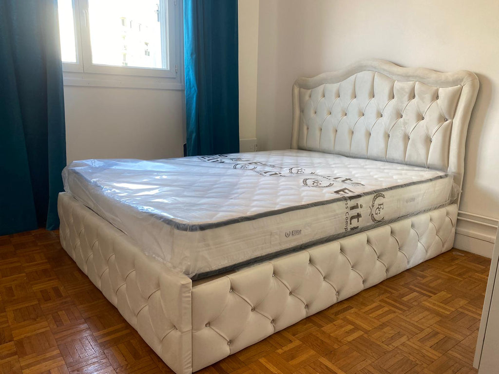 Cadre de lit VENISE BLANC CASSÉ - Velours capitonné strass