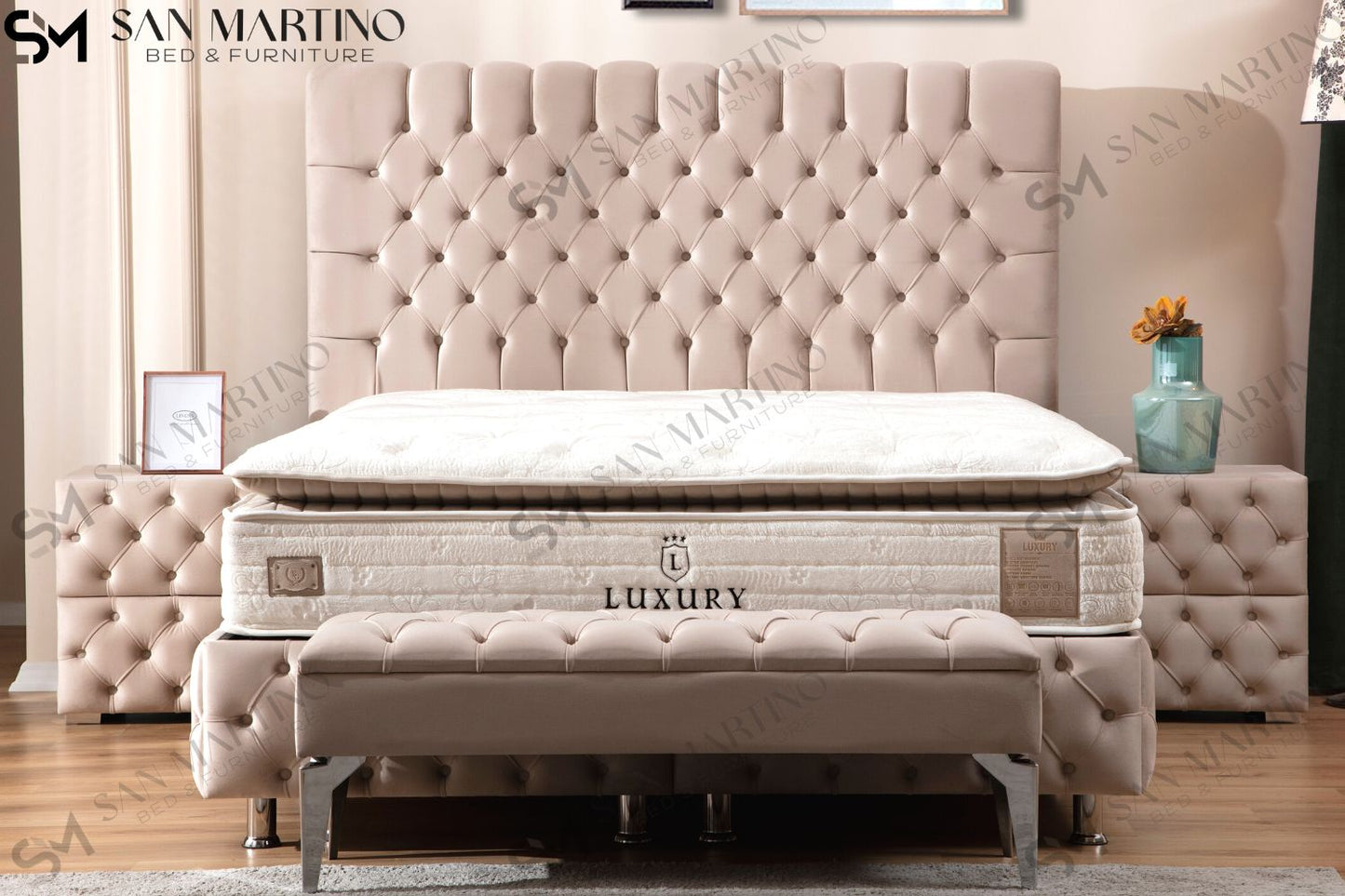 Lit Coffre LUNA BEIGE - Velours capitonné