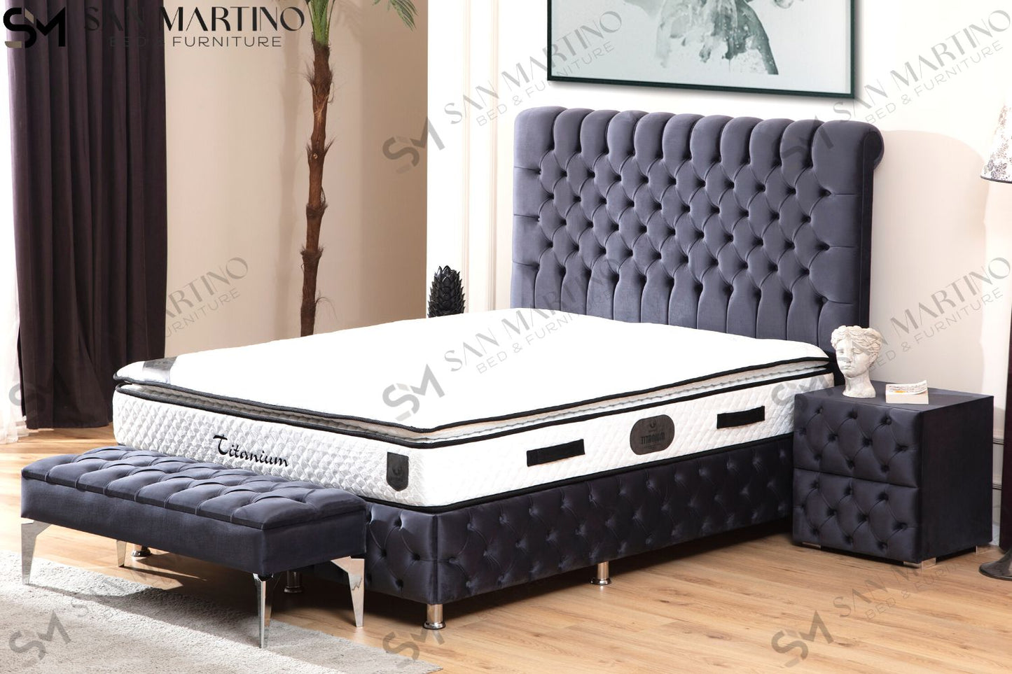 Lit Coffre LUNA GRIS ANTHRACITE - Velours capitonné