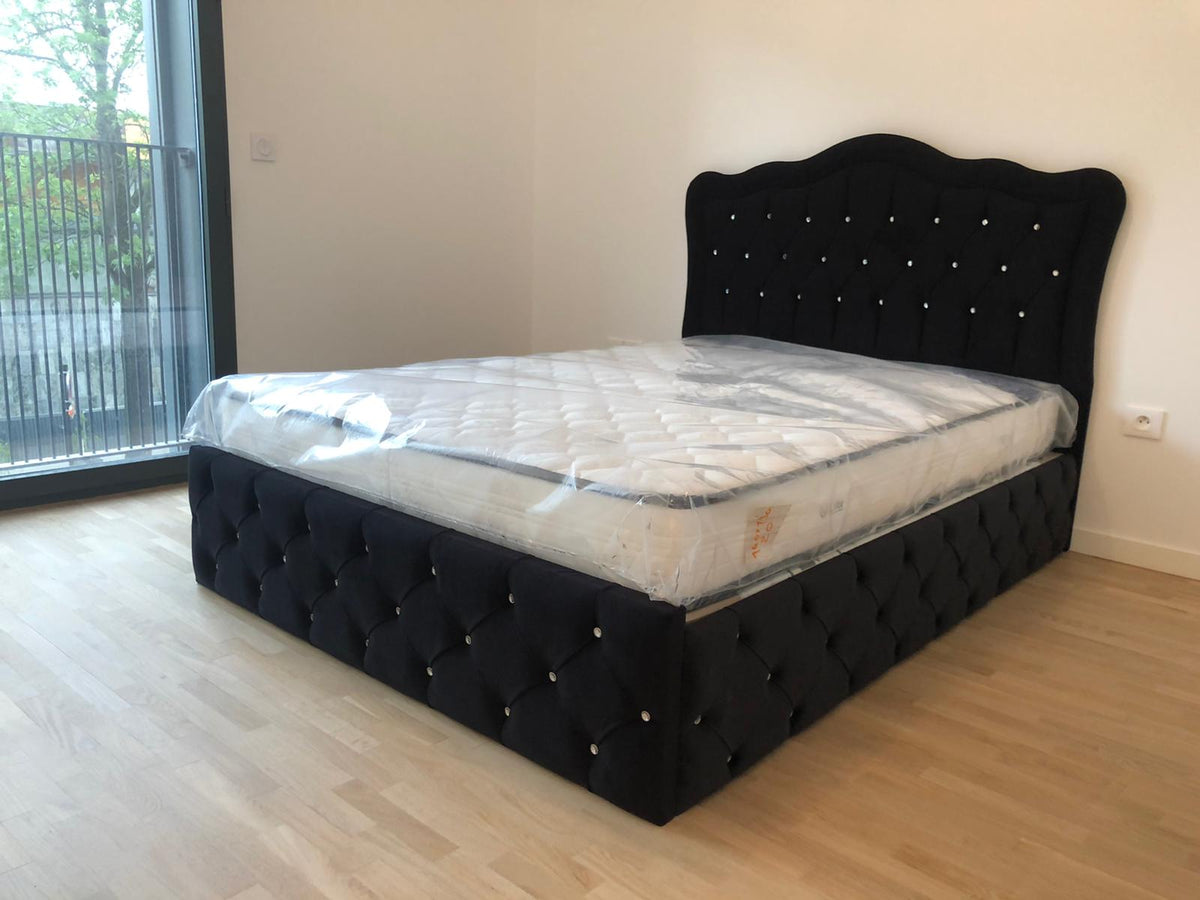 VENICE Black Bed Frame - Tufted velvet with rhinestones