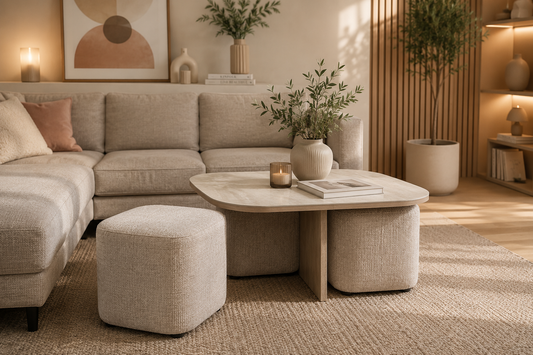 Table Basse Marbella Céramique avec poufs 80cm