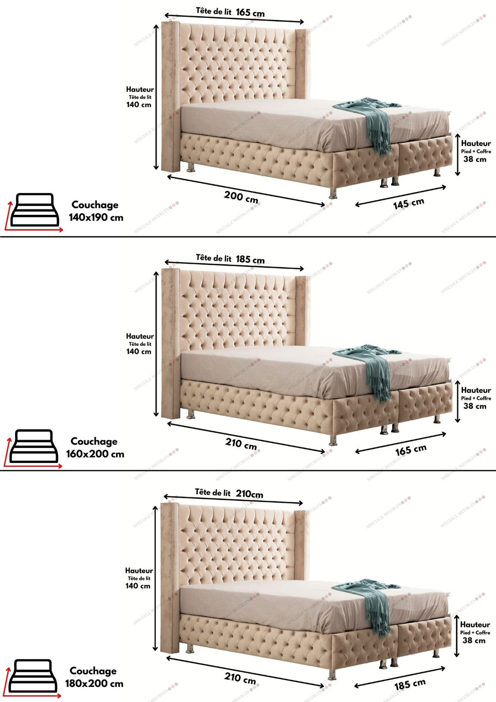 Lit Coffre CLOUTÉ BEIGE - Velours capitonné