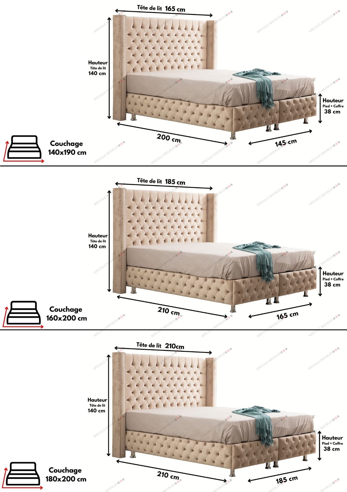 Lit Coffre CLOUTÉ BEIGE - Velours capitonné