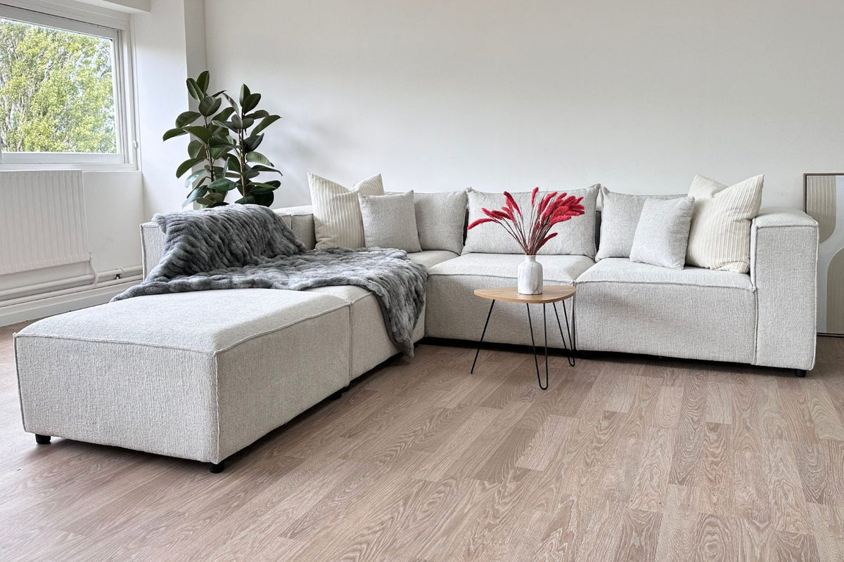 Canapé Élégance Chenille Modulable Blanc cassé 4+1 Pouf