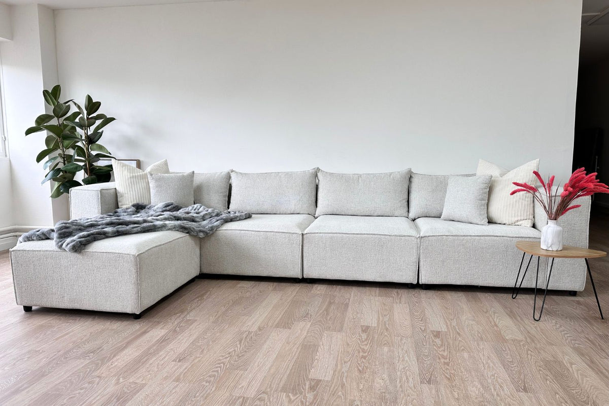 Canapé Élégance Chenille Modulable Blanc cassé 4+1 Pouf