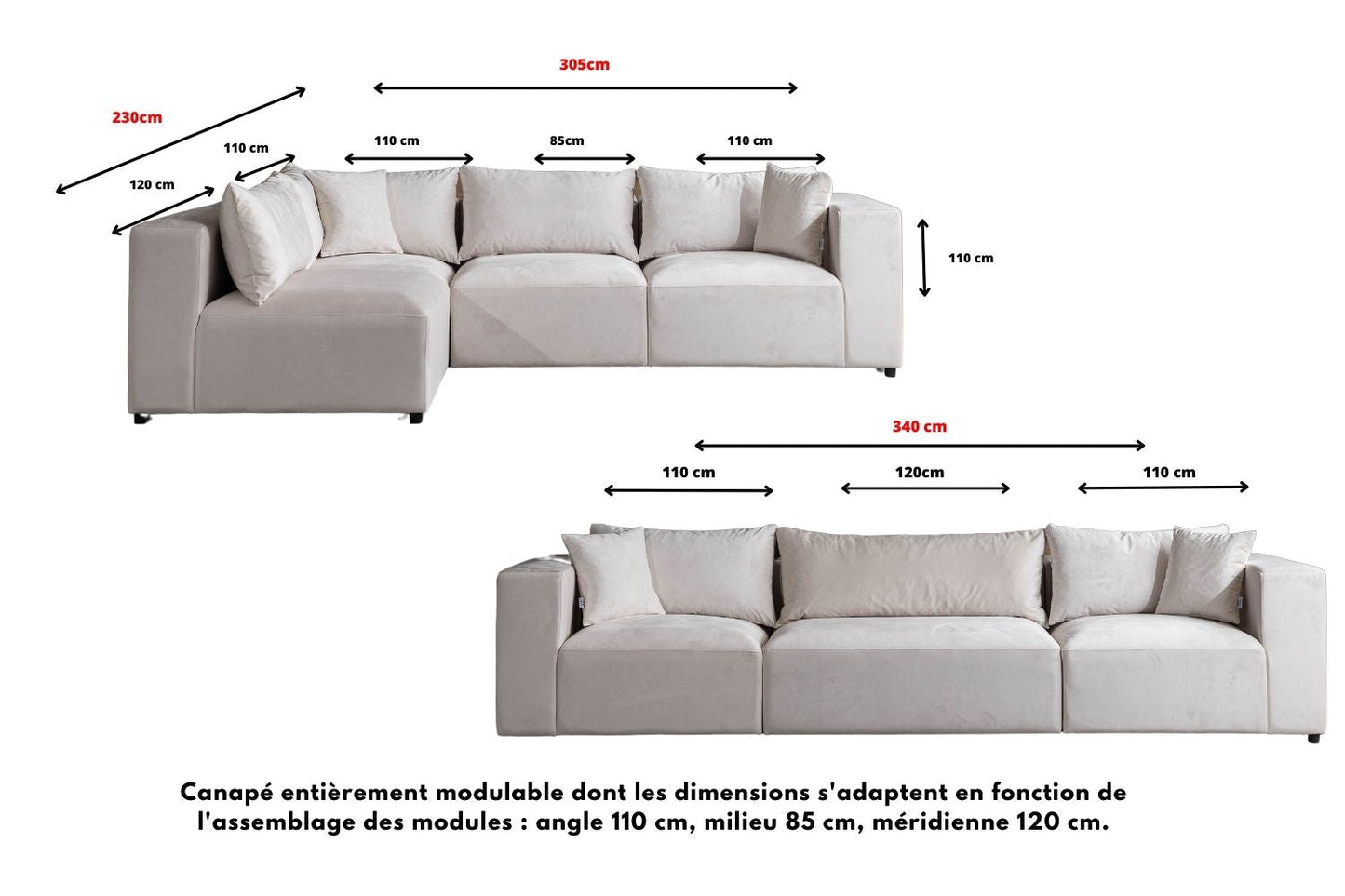 Canapé Azra Modulable Velours Blanc cassé