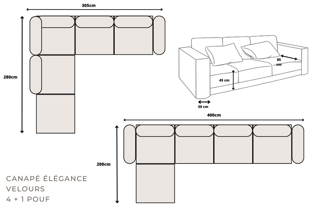 Canapé Elégance Velours Modulable 4+1 Pouf