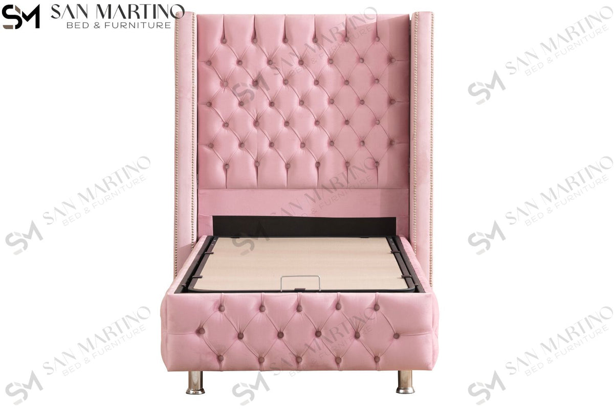 Lit Coffre Enfant CLOUTE ROSE - Velours capitonné