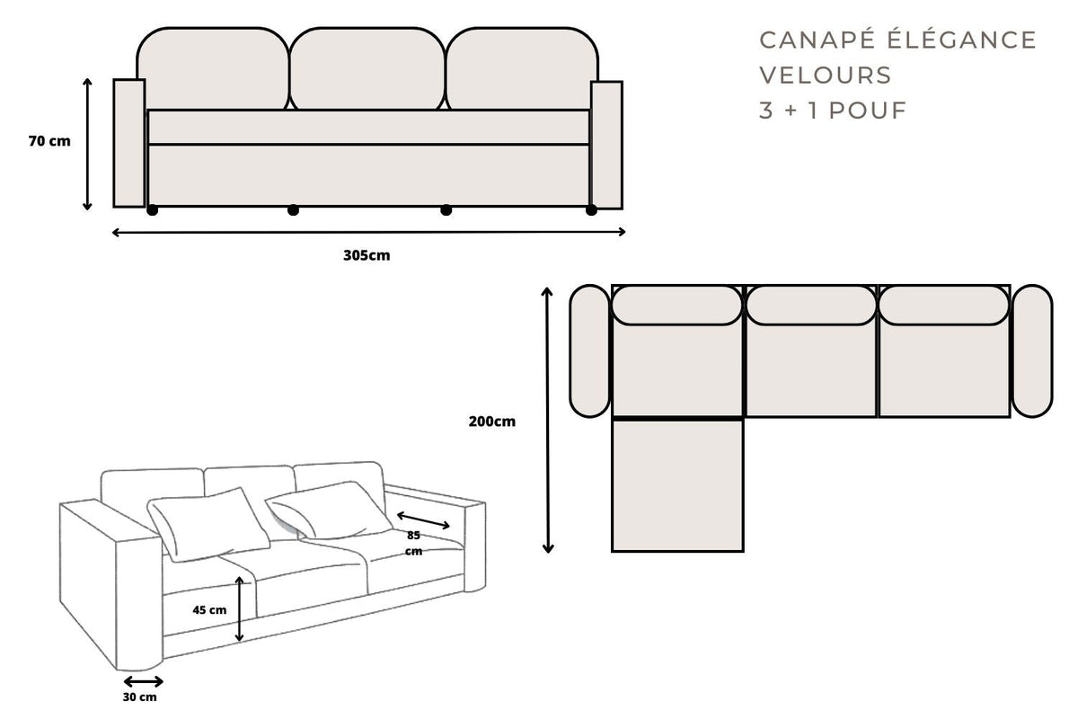 Canapé Éléance Velours Modulable 3+1 Pouf