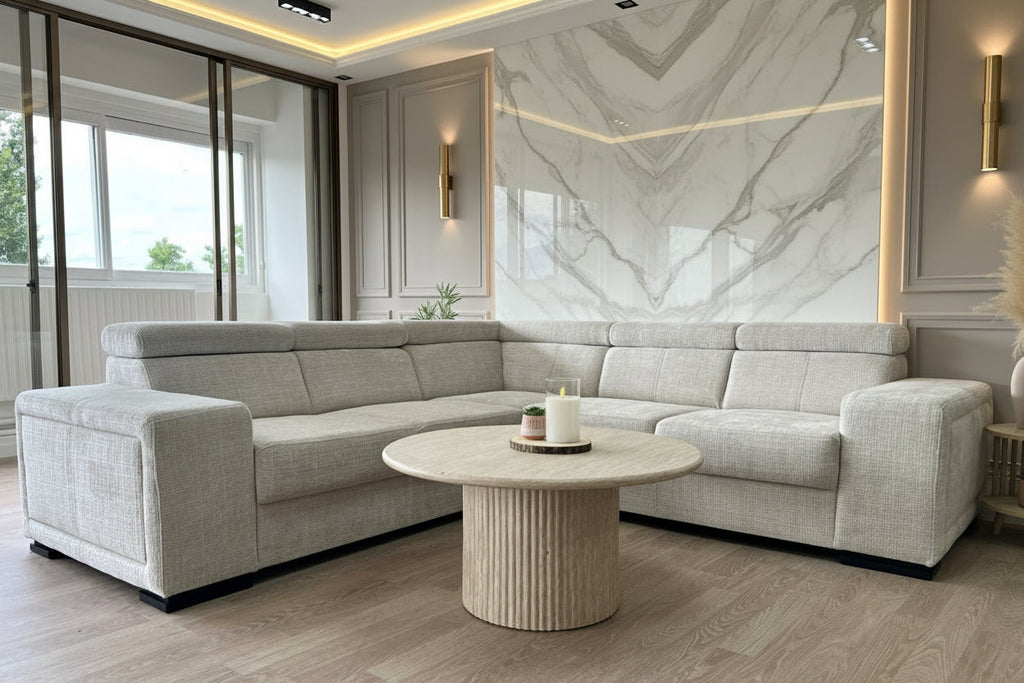 Canapé convertible Karola en tissu Marbella crème