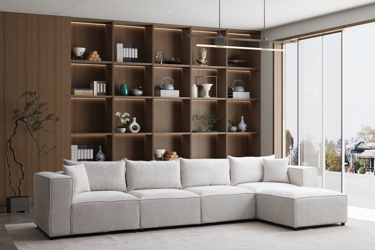 Canapé Élégance Chenille Modulable Blanc cassé 4+1 Pouf