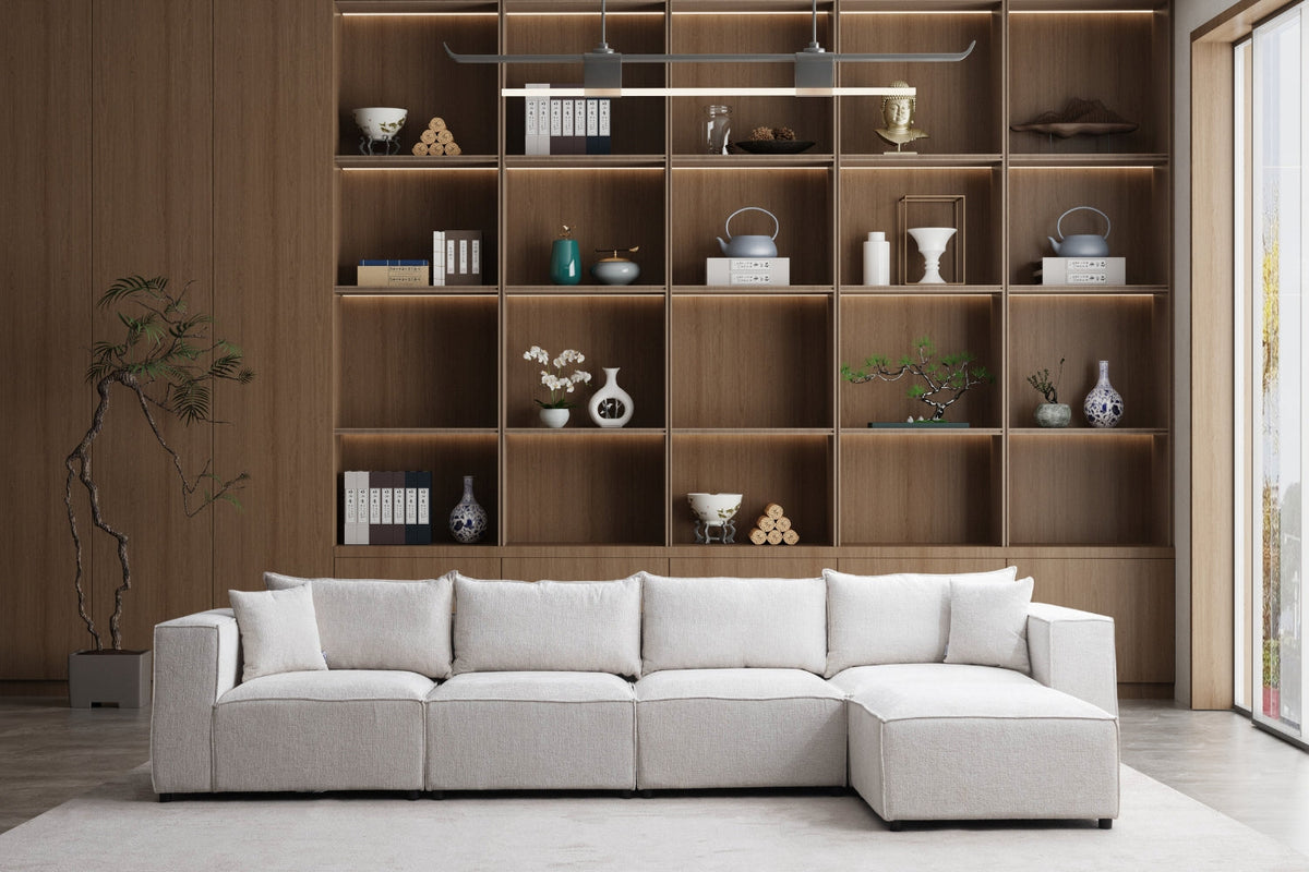 Canapé Élégance Chenille Modulable Blanc cassé 4+1 Pouf