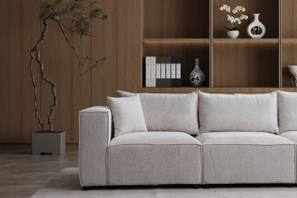 Canapé Élégance Chenille Modulable Blanc cassé 4+1 Pouf