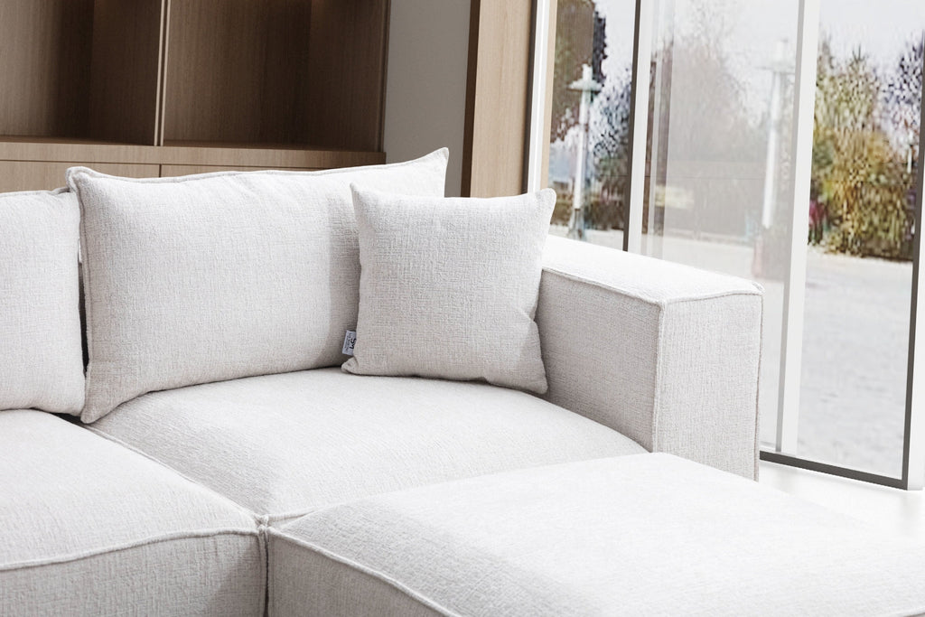Canapé Élégance Chenille Modulable Blanc cassé 4+1 Pouf