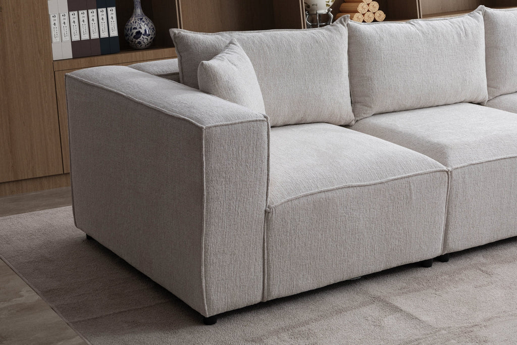 Canapé Élégance Chenille Modulable Blanc cassé 4+1 Pouf