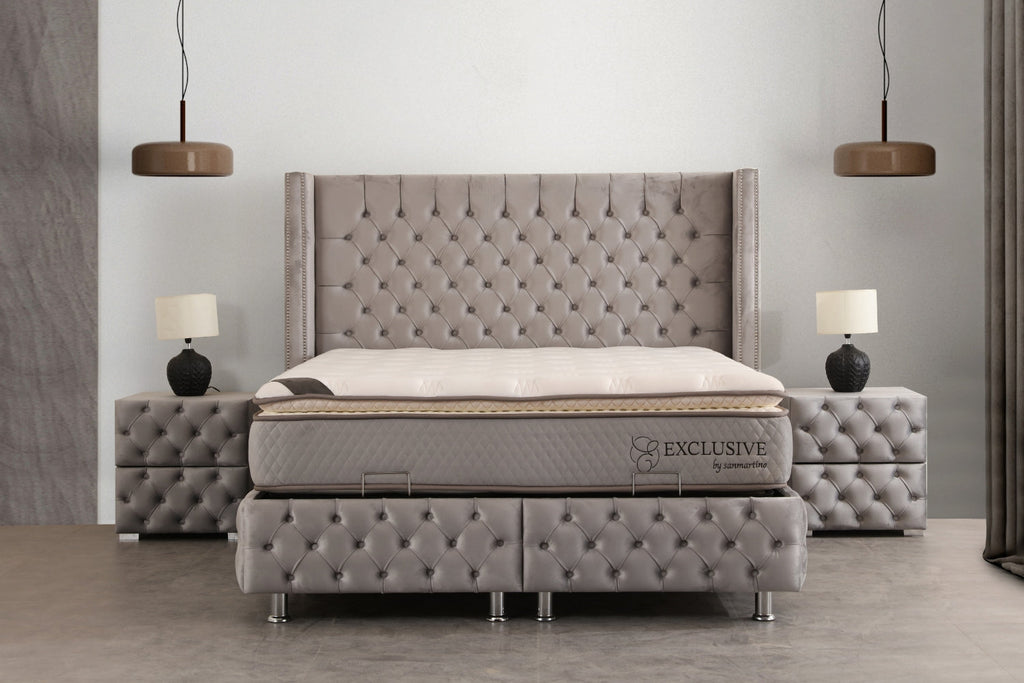 Lit Coffre CLOUTÉ GRIS - Velours capitonné