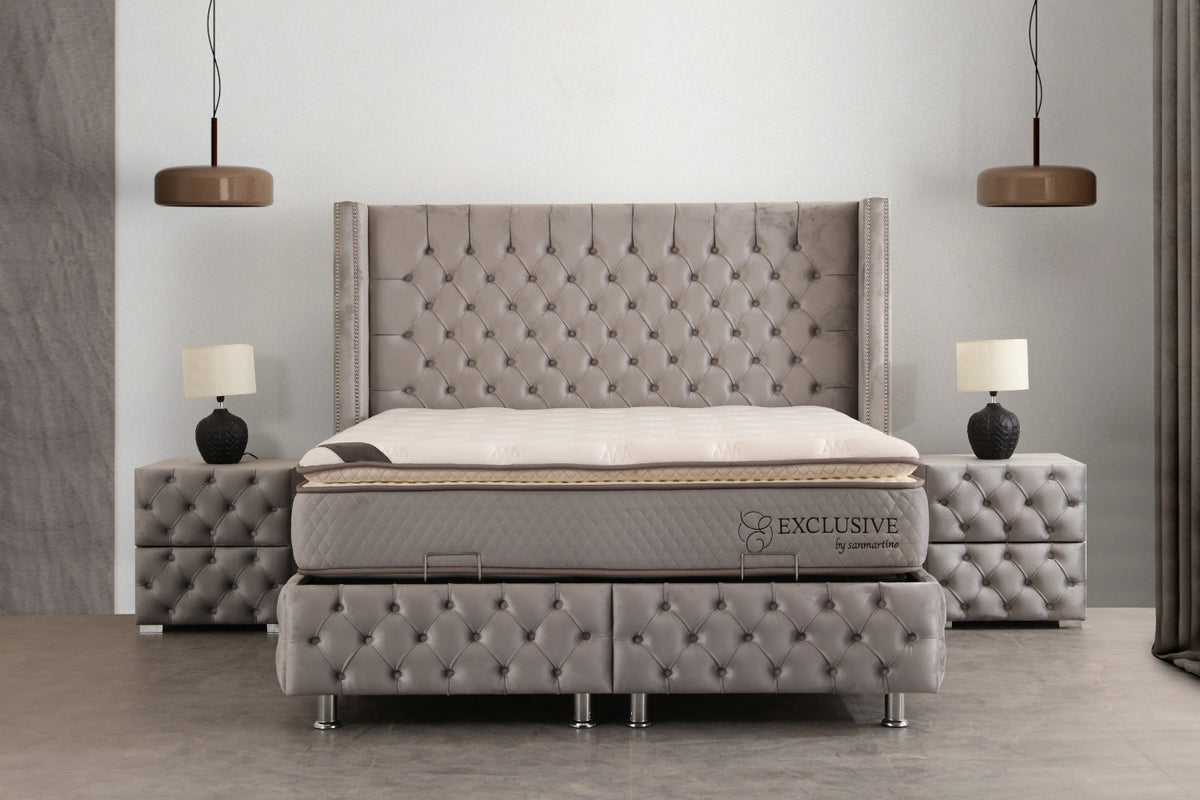 Lit Coffre CLOUTÉ GRIS - Velours capitonné
