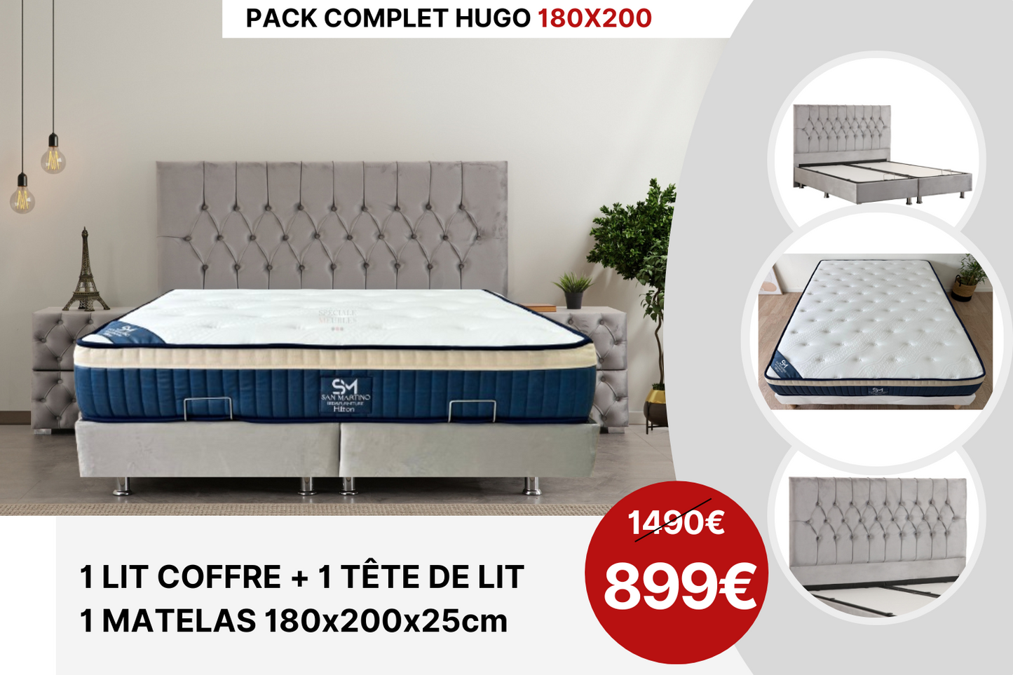PACK COMPLET HUGO GRIS + Matelas 25cm