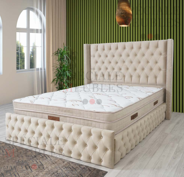 Cadre De Lit CLOUTE BEIGE - Velours capitonné