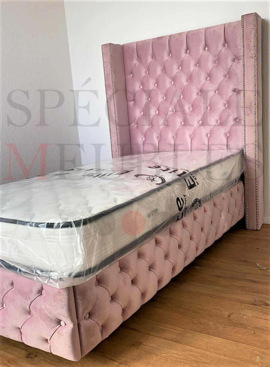 Lit Coffre Enfant CLOUTE ROSE - Velours capitonné