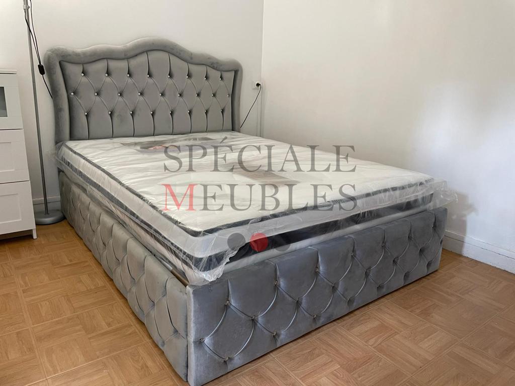Cadre de lit VENISE GRIS - Velours capitonné strass