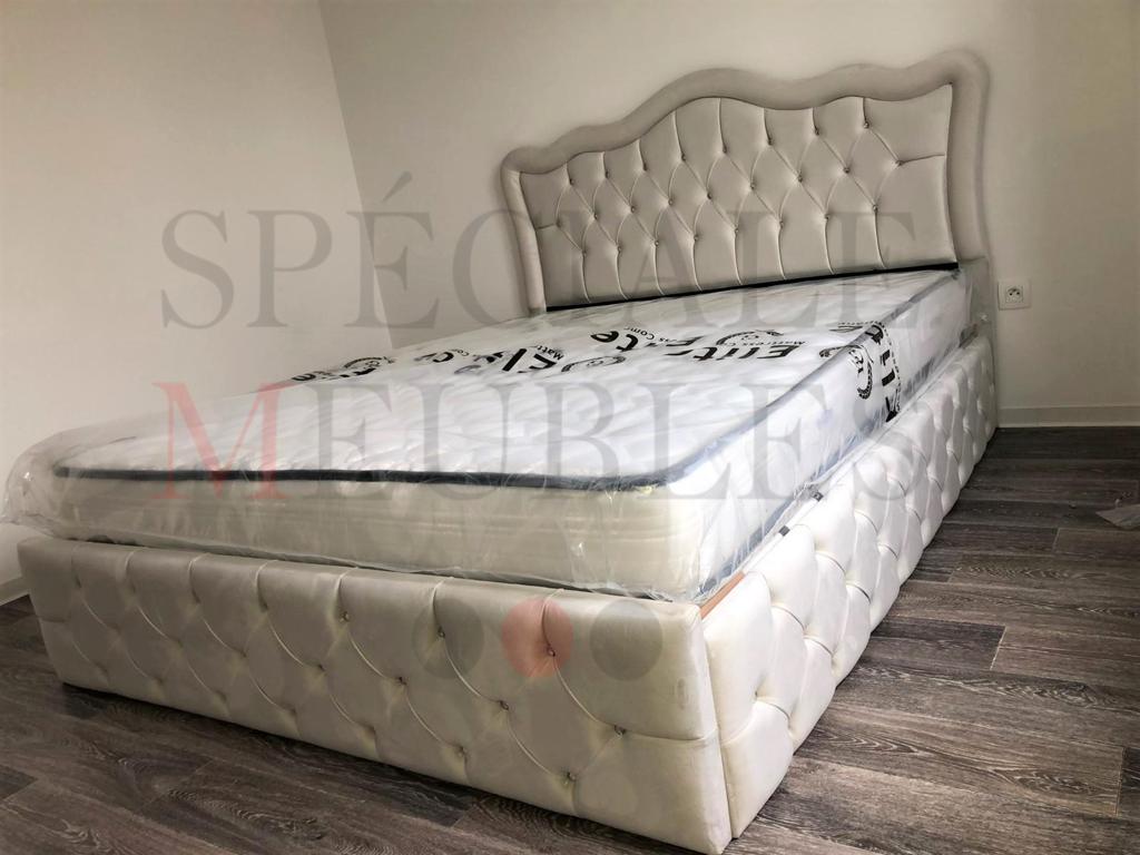 Cadre de lit VENISE BLANC CASSÉ - Velours capitonné strass